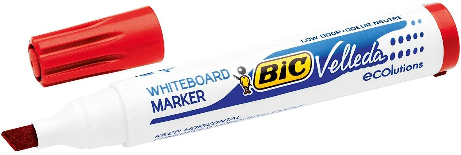 Pennarelli per lavagna Bic Velleda 1751 ECOlutions - Punta a scalpello - Tratto da 3 mm a 55 mm - Inchiostro a base di alcol - Ecologici - Cancellabilità ottimale - Rosso - immagine 1