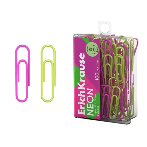ErichKrause Confezione da 100 clip rivestite al neon - 28 mm - Scatola di plastica - Colori assortiti - immagine 1