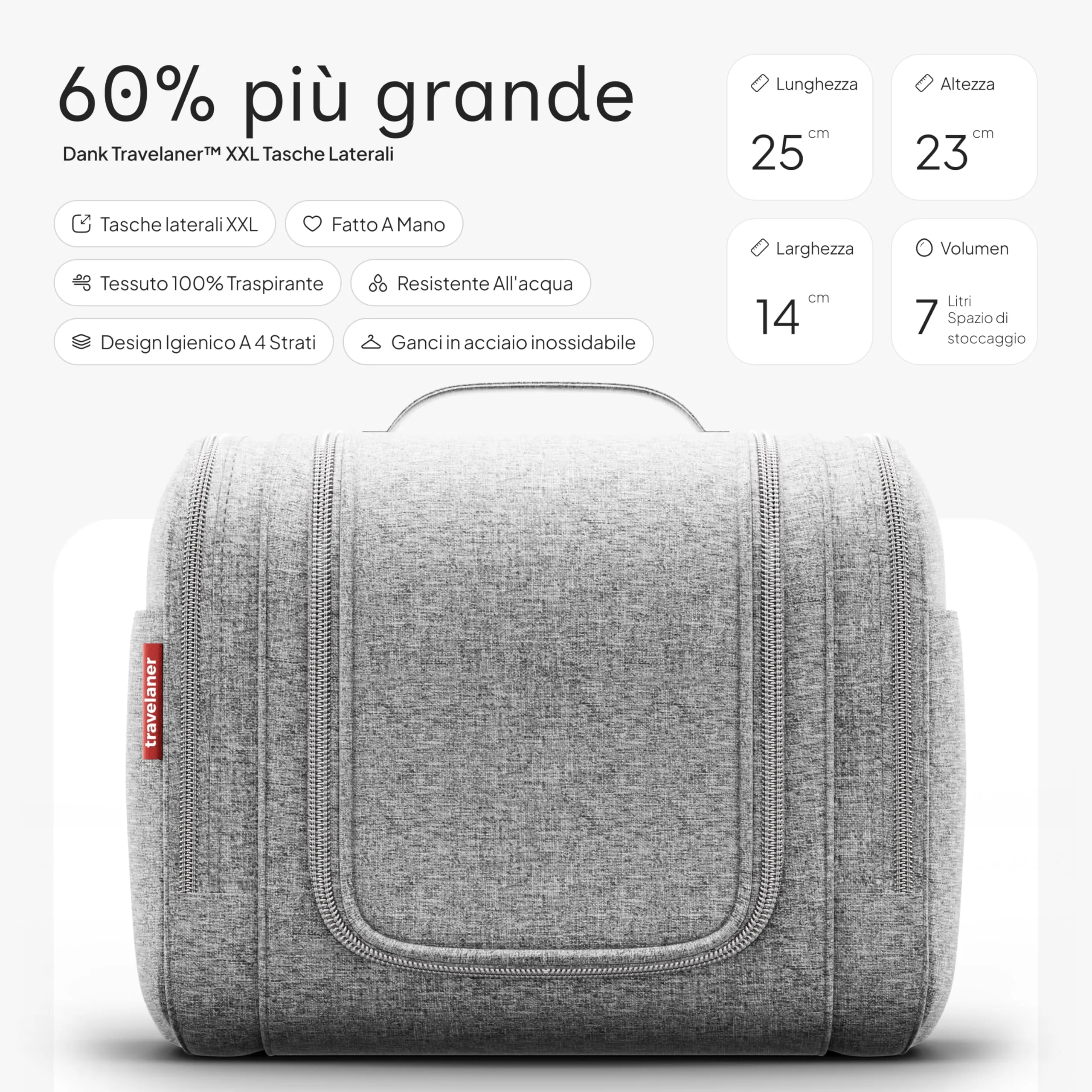 Travelaner Beauty Case da Appendere, Donna e Uomo, 7L, Grigio - immagine 2