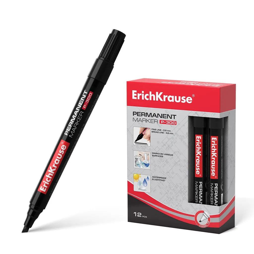 Pennarello permanente Erichkrause P-300 - Punta a scalpello - per scrivere su più superfici - Colore nero - immagine 1