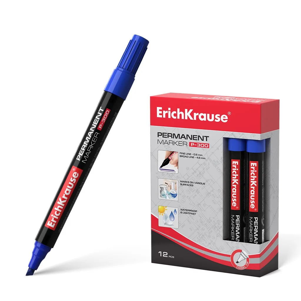 Pennarello permanente Erichkrause P-300 - Punta a scalpello - Resistente all'acqua e ai raggi UV - Colore blu - immagine 1