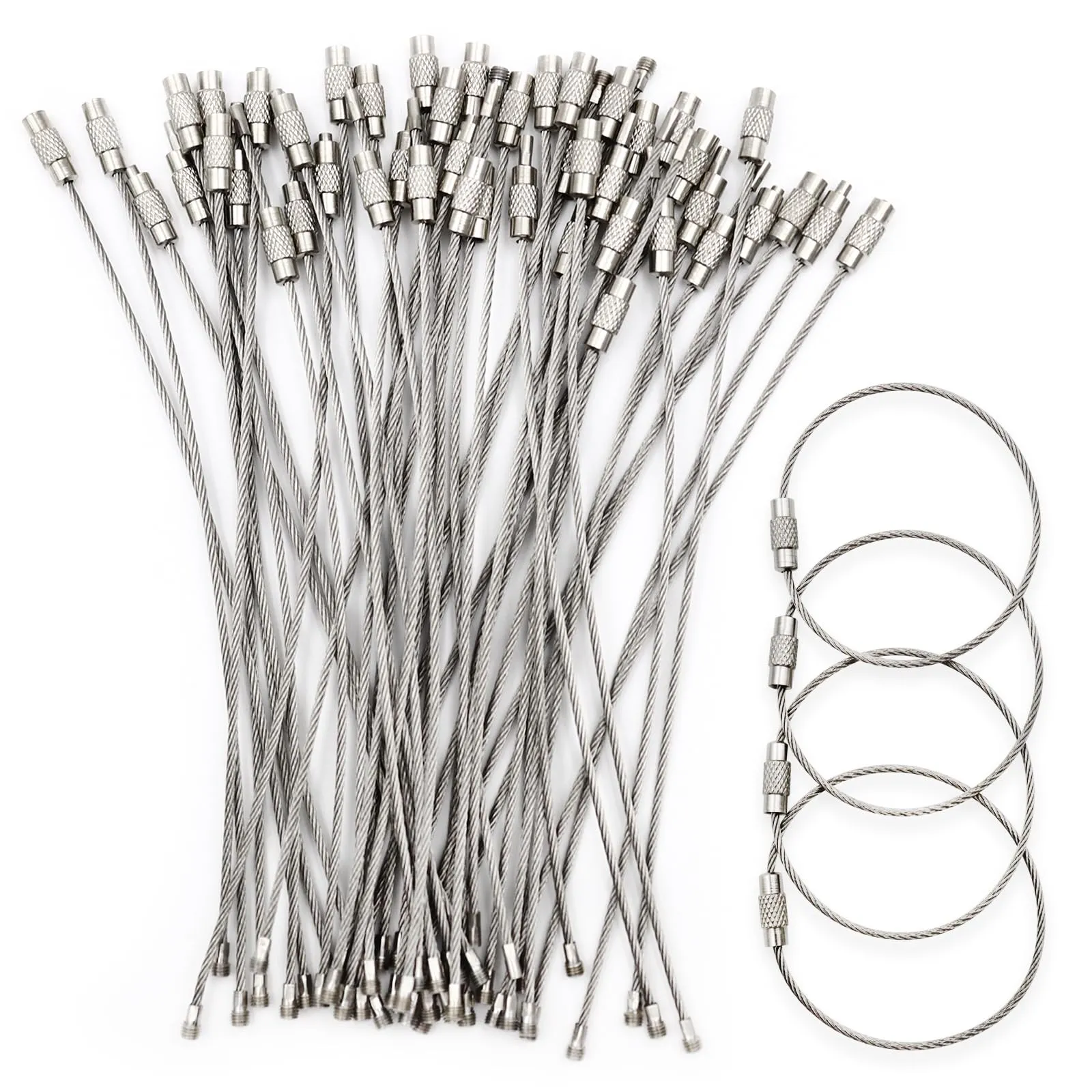OMJMYY 50 Pezzi 15 CM Filo Portachiavi Cavo Acciaio Inossidabile Anello Portachiavi Grande Metallico con Chiusura a Vite per Oggetti da Appendere All'Aperto Chiavi Etichette per Bagagli - immagine 1