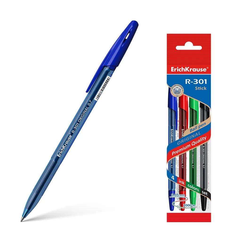Erichkrause Confezione da 4 penne R-301 Original Stick 07 - Punta da 07 mm - Inchiostro ad asciugatura rapida - Corpo esagonale con impugnatura - Colore blu - immagine 1