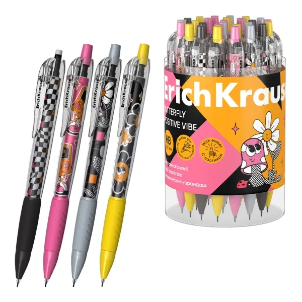 Matita meccanica ErichKrause Butterfly Positive Vibe - Mina HB da 07 mm - Gomma integrata - Ergonomica - Colori assortiti - immagine 1