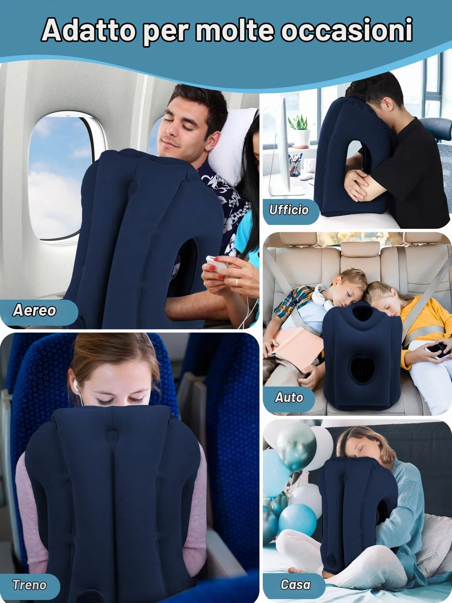 Maliton Cuscino da Viaggio Gonfiabile, Dormire Comodamente per Alleviare i Dolori al Collo e Alle Spalle, Cuscino Aereo per Voli Lunghi, Usato per Aerei, Auto, Treni, Ufficio(Blu) - immagine 3