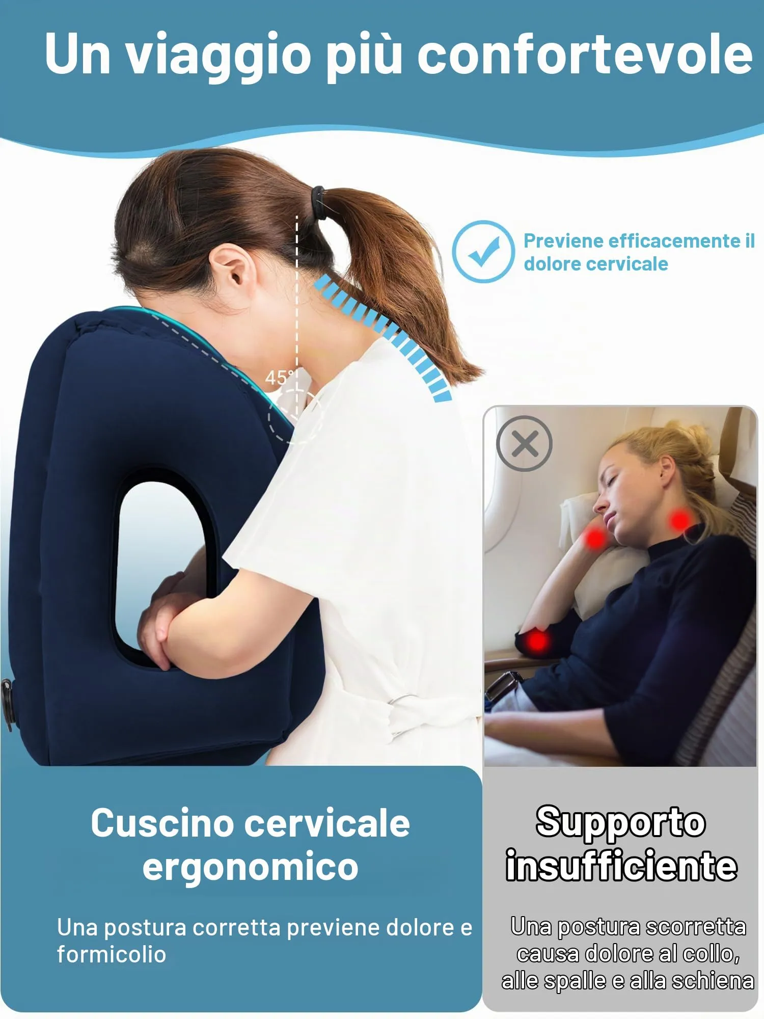 Maliton Cuscino da Viaggio Gonfiabile, Dormire Comodamente per Alleviare i Dolori al Collo e Alle Spalle, Cuscino Aereo per Voli Lunghi, Usato per Aerei, Auto, Treni, Ufficio(Blu) - immagine 4