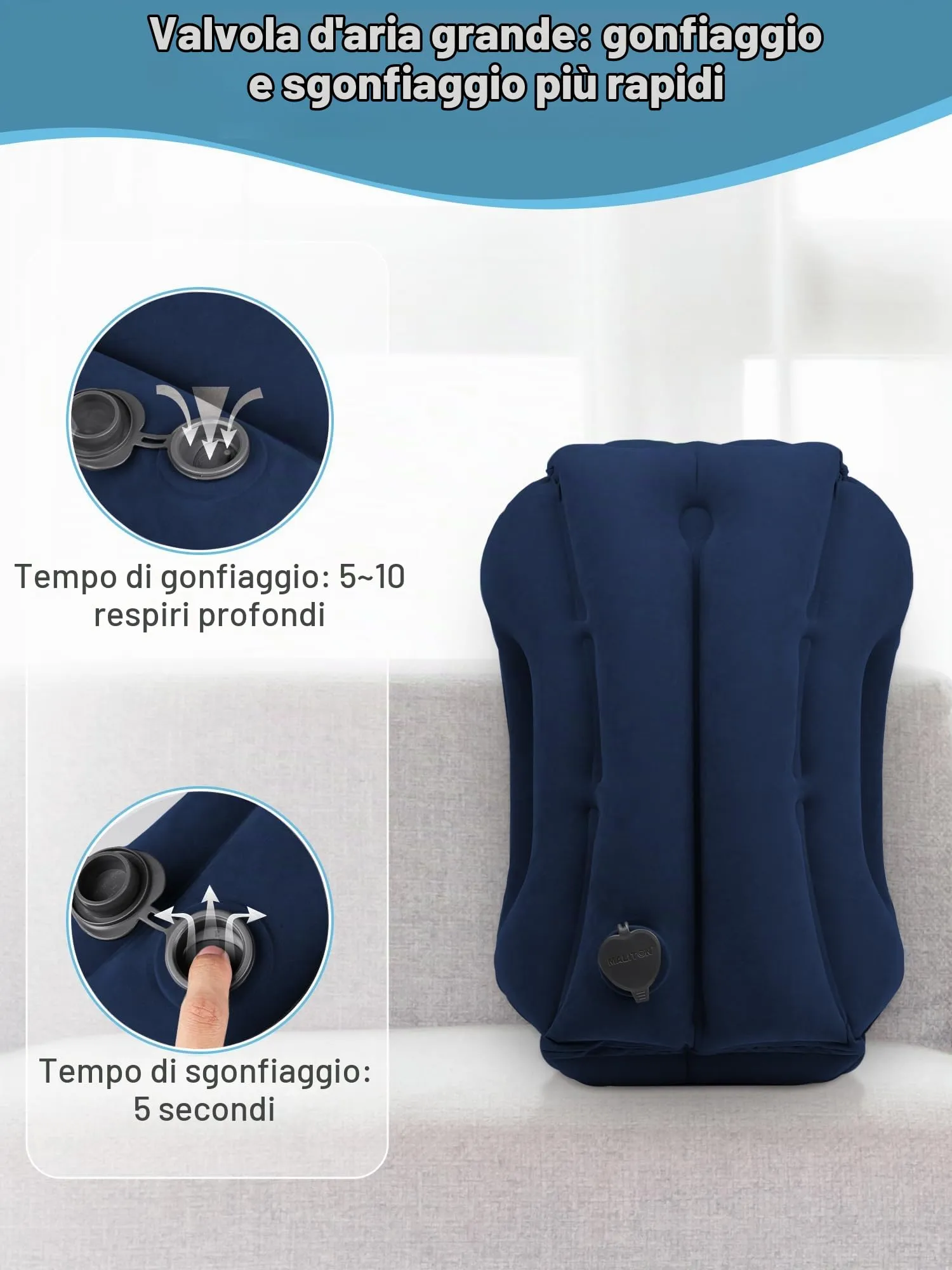 Maliton Cuscino da Viaggio Gonfiabile, Dormire Comodamente per Alleviare i Dolori al Collo e Alle Spalle, Cuscino Aereo per Voli Lunghi, Usato per Aerei, Auto, Treni, Ufficio(Blu) - immagine 6