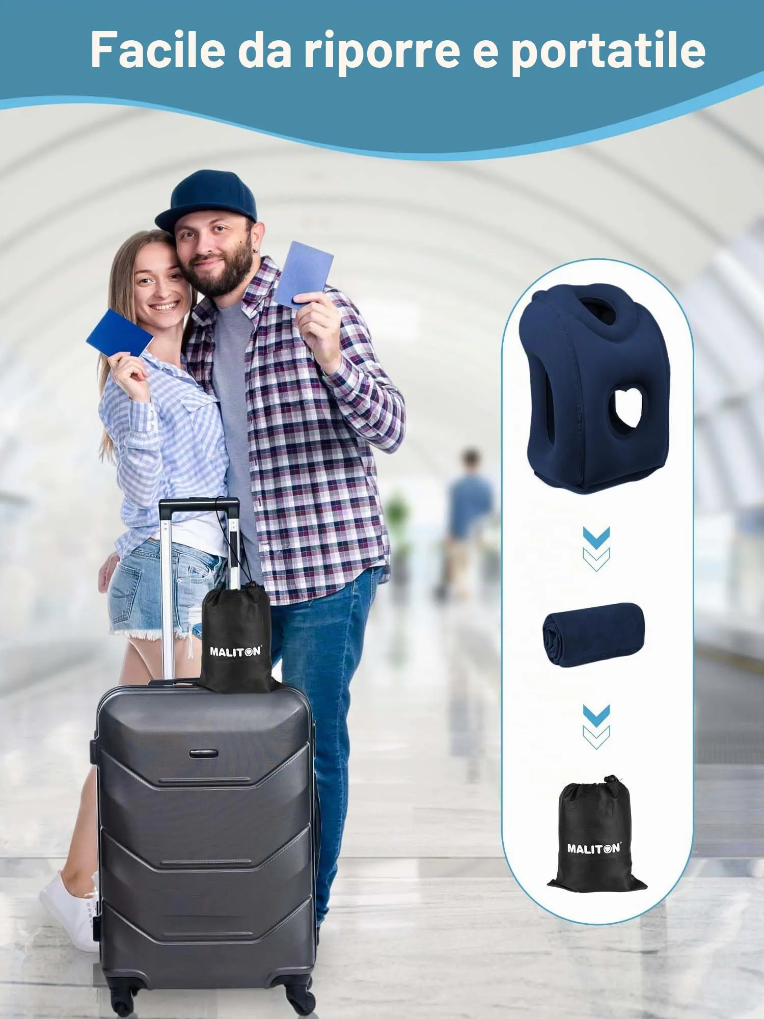 Maliton Cuscino da Viaggio Gonfiabile, Dormire Comodamente per Alleviare i Dolori al Collo e Alle Spalle, Cuscino Aereo per Voli Lunghi, Usato per Aerei, Auto, Treni, Ufficio(Blu) - immagine 7