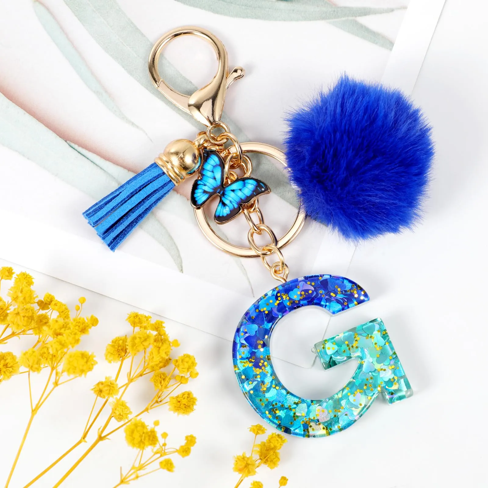 MWOOT Nome Lettera iniziale G Portachiavi, Blu Portachiavi per auto per donne, Ciondoli in Resina per Chiave della Porta Chiavi della Macchina Decorazione della Borsa - immagine 2