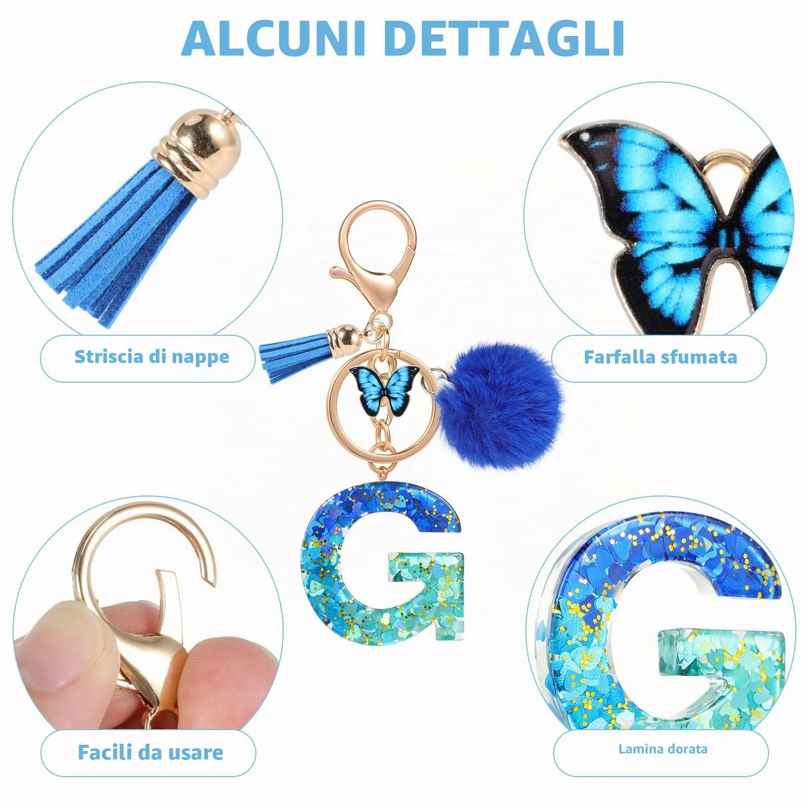 MWOOT Nome Lettera iniziale G Portachiavi, Blu Portachiavi per auto per donne, Ciondoli in Resina per Chiave della Porta Chiavi della Macchina Decorazione della Borsa - immagine 5