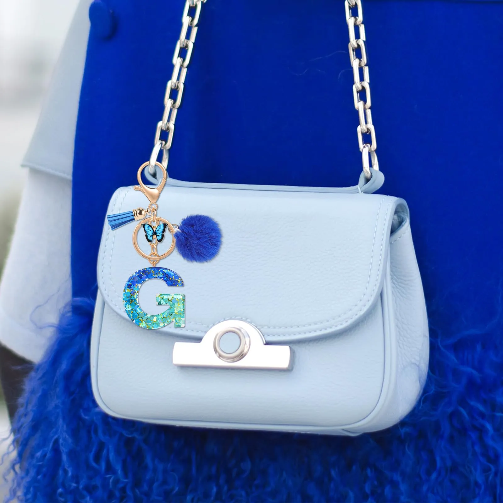 MWOOT Nome Lettera iniziale G Portachiavi, Blu Portachiavi per auto per donne, Ciondoli in Resina per Chiave della Porta Chiavi della Macchina Decorazione della Borsa - immagine 6