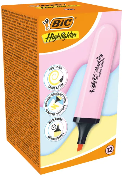 Evidenziatore Bic a punta piatta fluorescente - Punta a scalpello - Tratto da 120 a 460 mm - Inchiostro a base d'acqua - Rosa pastello - immagine 1