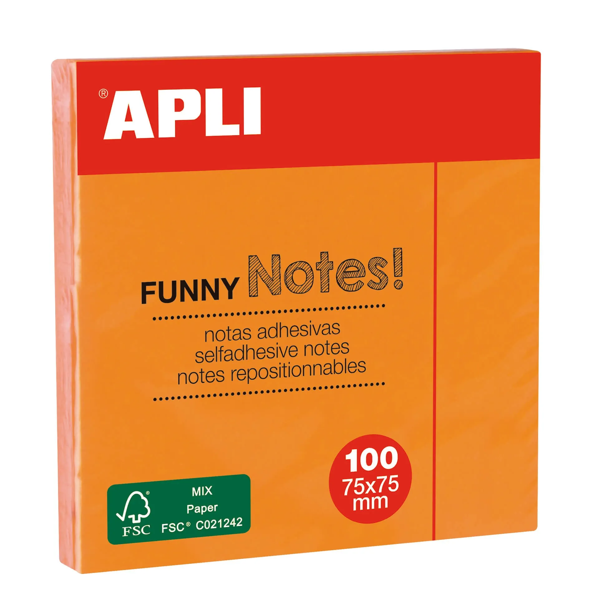 Apli Funny Sticky Notes 75x75mm - Blocco da 100 Fogli - Adesivo di Qualità - Colore Arancio Fluo - immagine 1