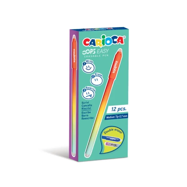 Penna cancellabile Carioca Oops Easy con punta da 07 mm - Inchiostro termosensibile - Corpo effetto sfumato - Doppia gomma - Rosso - immagine 1