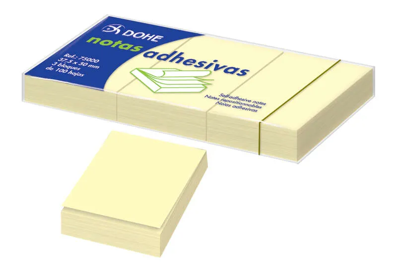 Confezione da 3 blocchi da 100 foglietti riposizionabili Dohe - Dimensioni 375x50 mm - Carta da 75 gr - Ideale per ufficio e scuola - Colore giallo chiaro - immagine 1