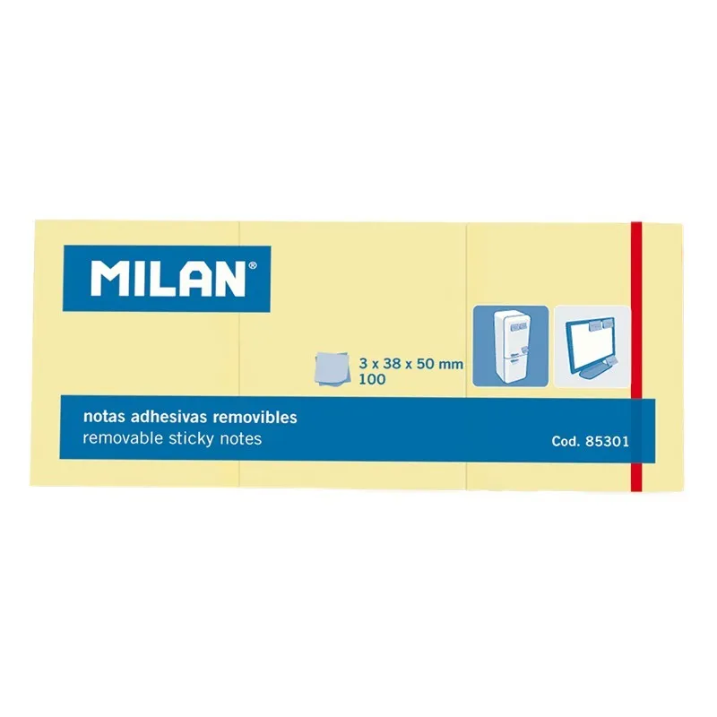 Milan Confezione da 3 Blocchi da 100 foglietti adesivi - Rimovibili - 38 mm x 50 mm - Colore giallo chiaro - immagine 1