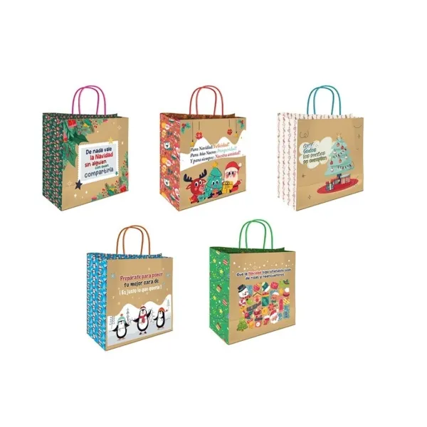Sacchetto di carta kraft Bismark con messaggi natalizi - Dimensioni: 26x8x24 cm - 5 diversi design - immagine 1