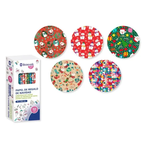 Rotolo di carta da regalo natalizia Bismark - Dimensioni: 70 cm x 200 cm - 5 diverse fantasie - immagine 1
