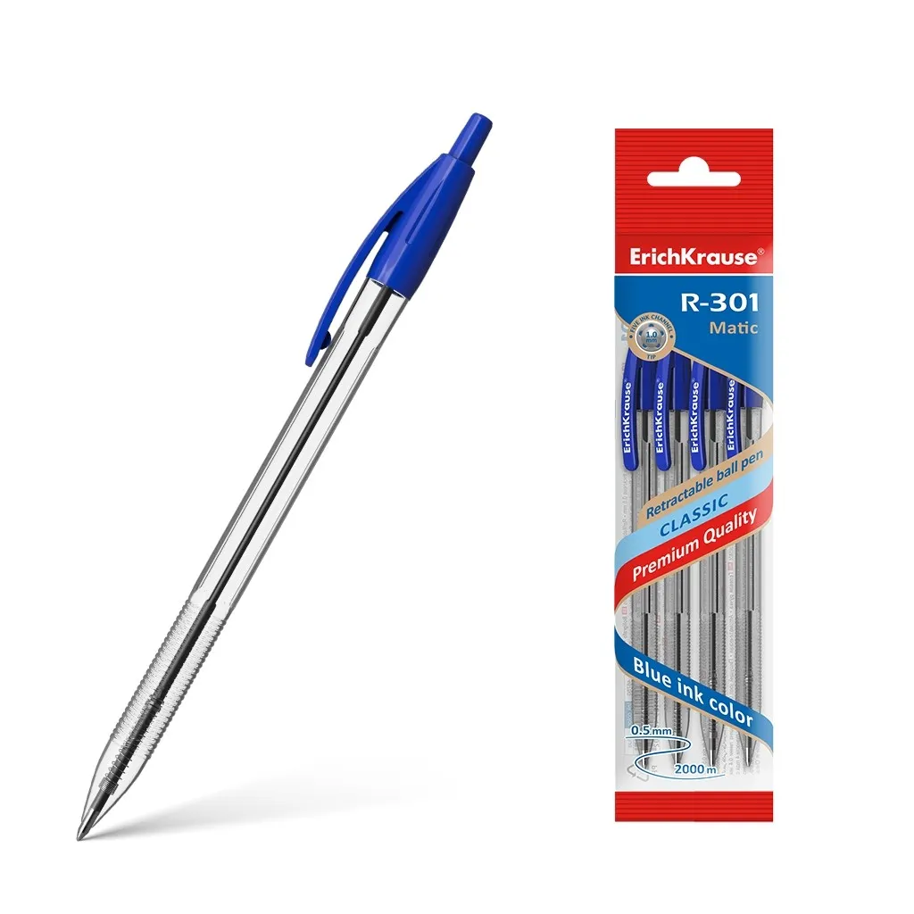 Erichkrause Confezione da 4 penne a sfera automatiche R-301 Classic Matic Punta standard da 10 - 10 mm - Inchiostro ad asciugatura rapida - Colore azzurro - immagine 1