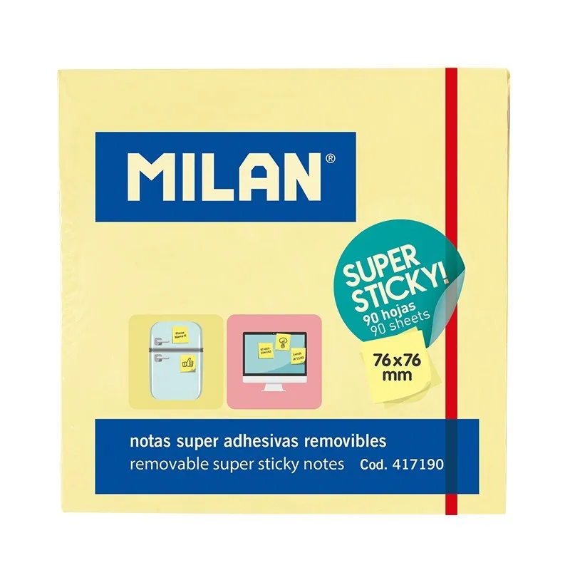 Blocco Milan da 90 foglietti super adesivi - Rimovibili - Maggiore permanenza - 76 mm x 76 mm - Colore giallo chiaro - immagine 1