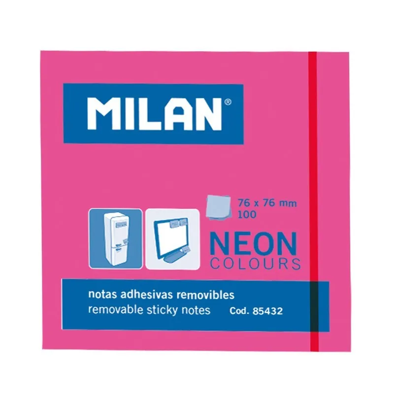Blocco Milan da 100 foglietti adesivi - Rimovibili - 76 mm x 76 mm - Colore rosa neon - immagine 1