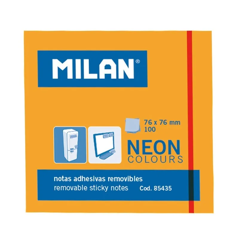 Blocco Milan da 100 foglietti adesivi - Rimovibili - 76 mm x 76 mm - Colore arancione neon - immagine 1