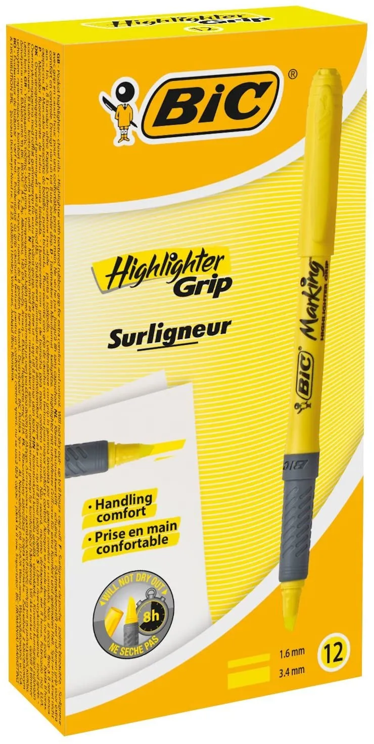 Pennarello fluorescente Bic Highlighter Grip - Inchiostro a base d acqua - Punta a scalpello - Linea tra 160 e 330 mm - Colore giallo - immagine 1