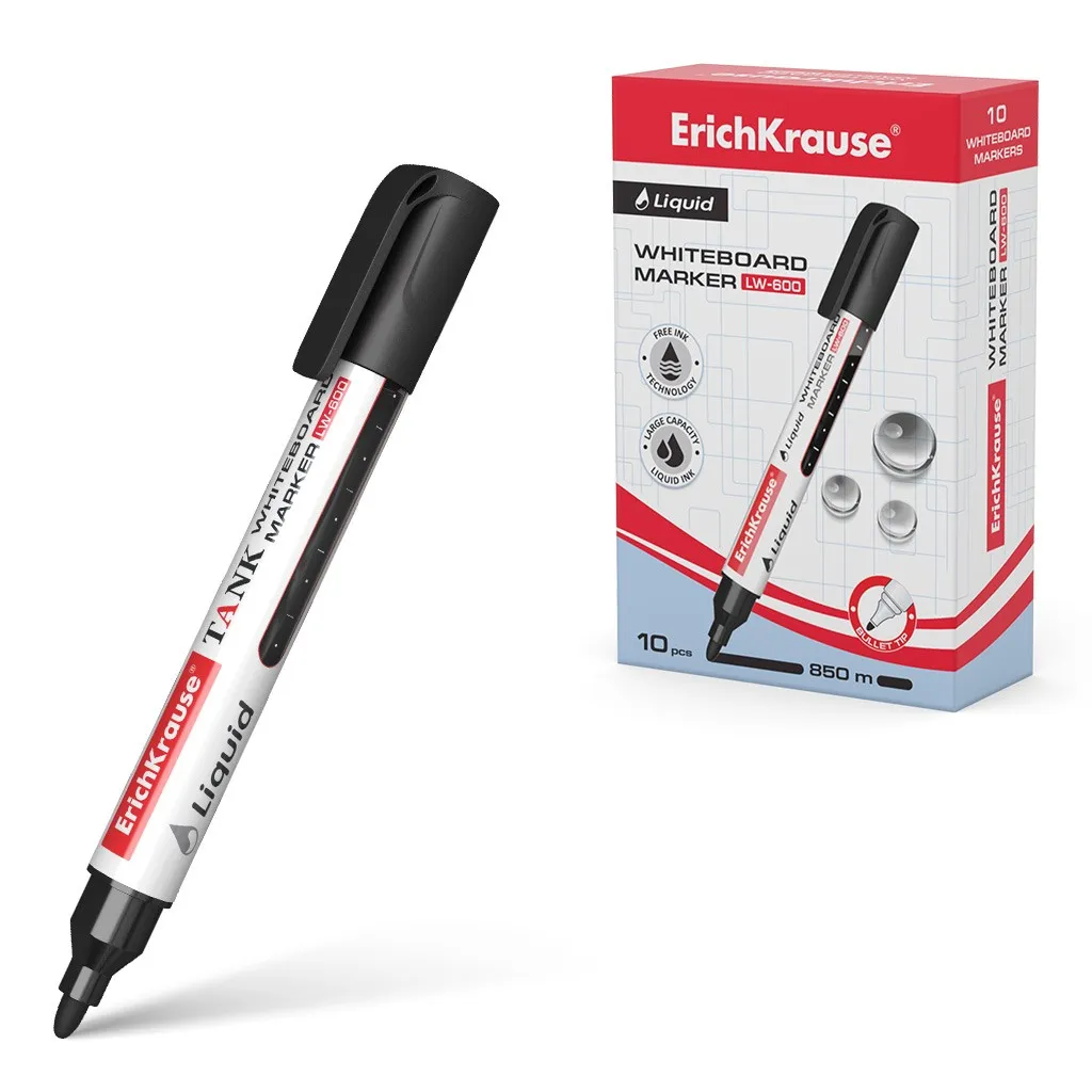 Erichkrause Pennarello per lavagna bianca con inchiostro liquido LW-600 - Punta a forma di proiettile - Inchiostro a base di alcol - Colore nero - immagine 1