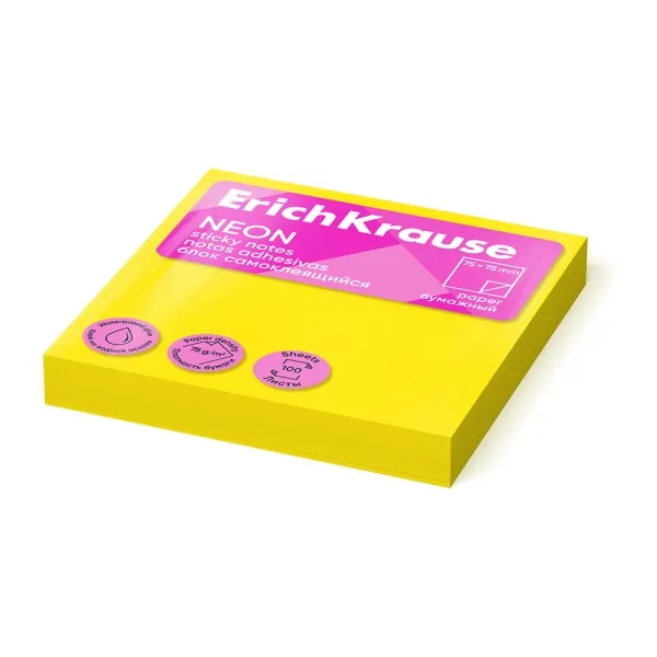 ErichKrause Bloc de 100 Notas Adhesivas 75x75mm - Removibles - Color Amarillo Neon - immagine 1