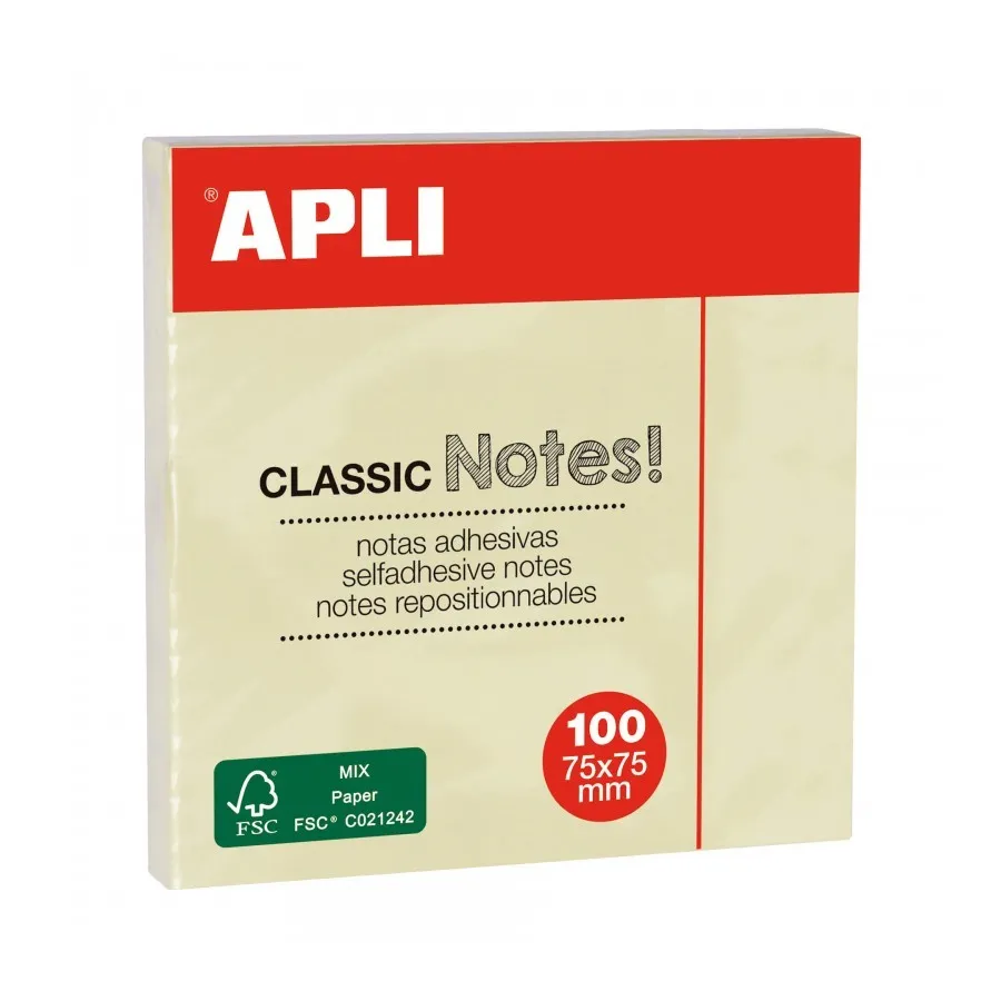 Apli Classic Blocco da 100 Note Adesive 75 x 75 mm - Colore Giallo - immagine 1
