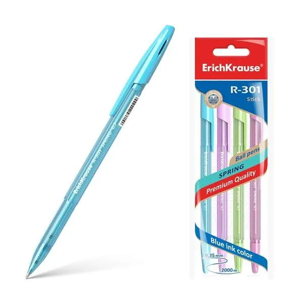 Erichkrause Confezione da 4 penne a sfera R-301 Spring Stick 0.7 - Corpo esagonale traslucido - Inchiostro ad asciugatura rapida - Colore blu - immagine 1