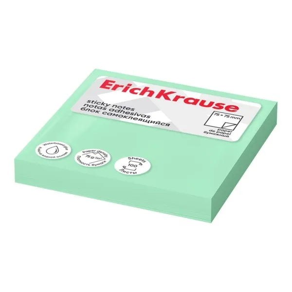 Blocco di 100 post-it riposizionabili ErichKrause - Carta da 75 g/m² - 75x75 mm - Adesivo a base d'acqua - Verde - immagine 1
