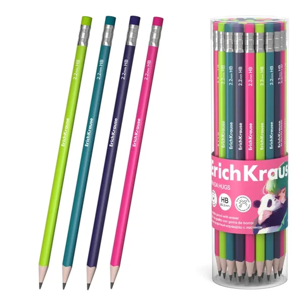 Matita in grafite ErichKrause Panda Hugs con gomma - Mina HB - Corpo rotondo - Impugnatura ergonomica - Colori assortiti - immagine 1