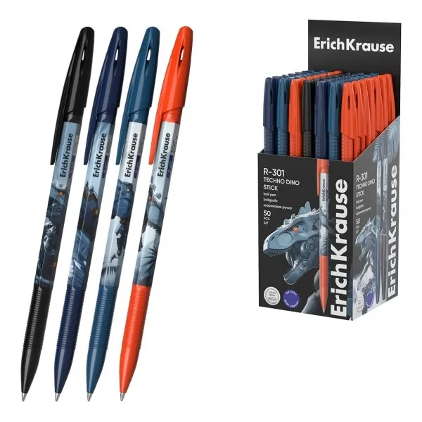 Penna a sfera ErichKrause R-301 Stick Techno Dino con cappuccio - Modelli assortiti - Tratto da 035 mm - Inchiostro ad asciugatura rapida - Cappuccio ventilato - Blu - immagine 1
