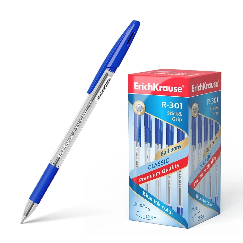 Penna a sfera Erichkrause R-301 Classic Stick&Grip 1.0 - Corpo esagonale trasparente - Area dell'impugnatura in gomma - Cappuccio ventilato - Inchiostro ad asciugatura rapida - Colore blu - immagine 1