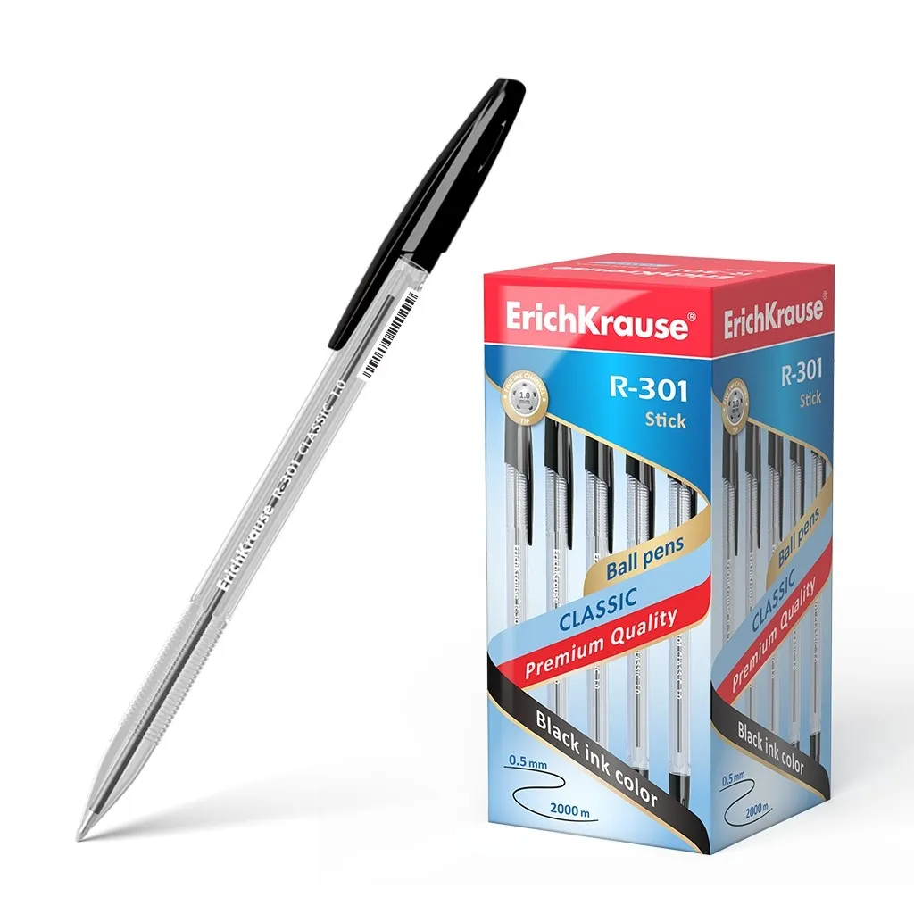 Penna a sfera Erichkrause R-301 Classic Stick 1.0 - Corpo esagonale trasparente - Punta da 10 mm - Inchiostro ad asciugatura rapida - Colore nero - immagine 1