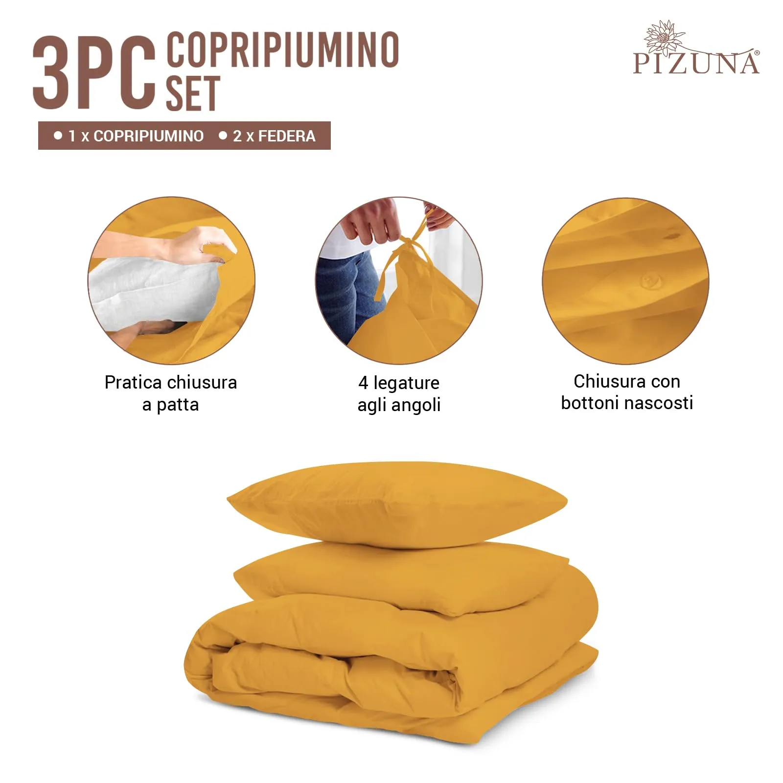 Pizuna Copripiumino 200x200 Cotone Oro 400 fili 3 Pezzi Set trama sateen - immagine 3