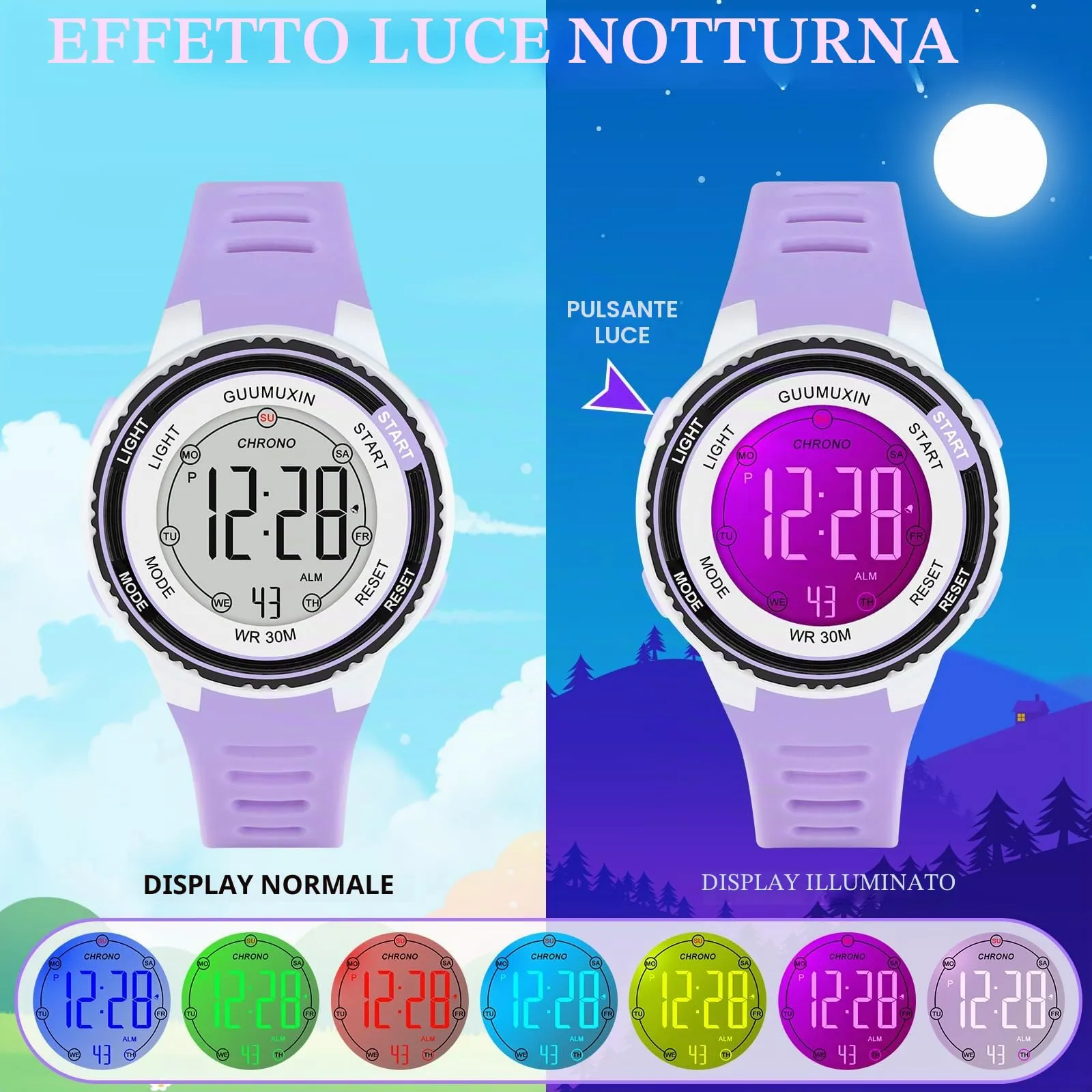 GUUMUXIN Orologio Digitale,7 Luci,3ATM,Sportivo,5-16 Anni - immagine 2