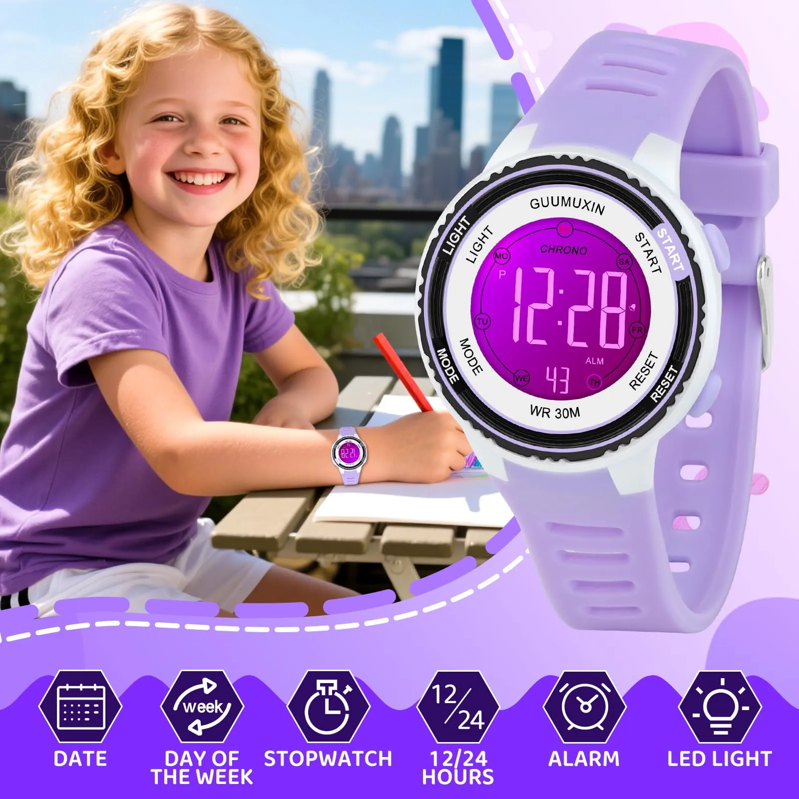 GUUMUXIN Orologio Digitale,7 Luci,3ATM,Sportivo,5-16 Anni - immagine 4
