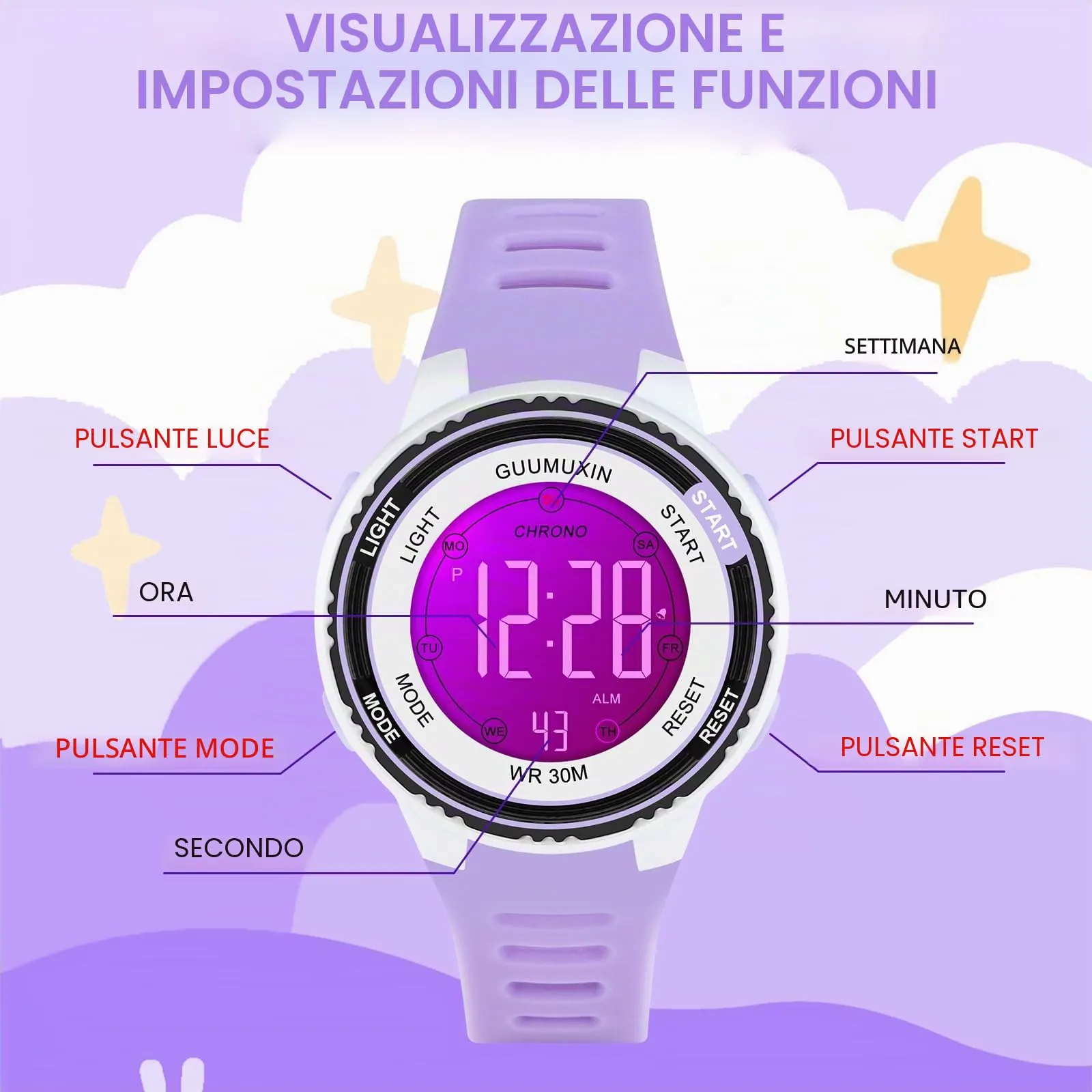 GUUMUXIN Orologio Digitale,7 Luci,3ATM,Sportivo,5-16 Anni - immagine 7