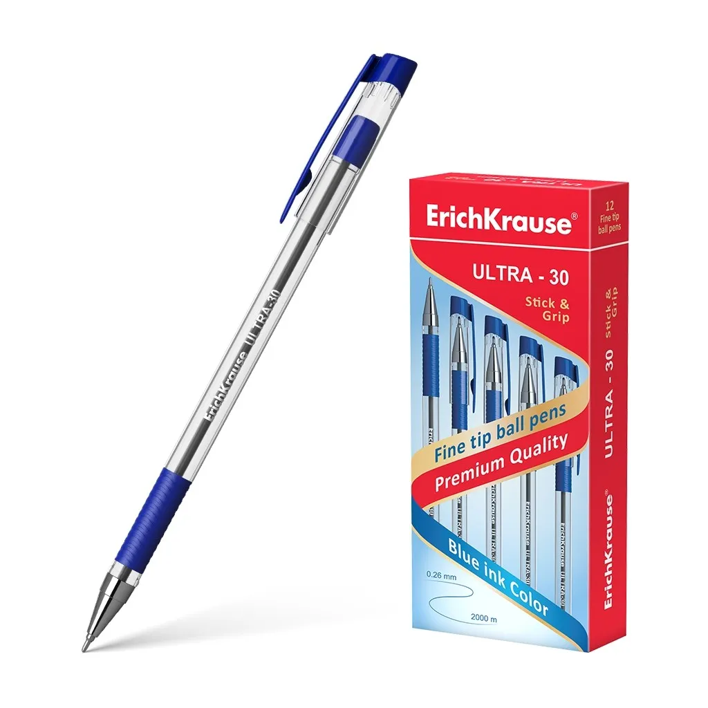 Penna a sfera Erichkrause Ultra-30 - Ricaricabile con punta fine - Corpo trasparente con impugnatura in gomma - Inchiostro ad asciugatura rapida - Colore blu - immagine 1