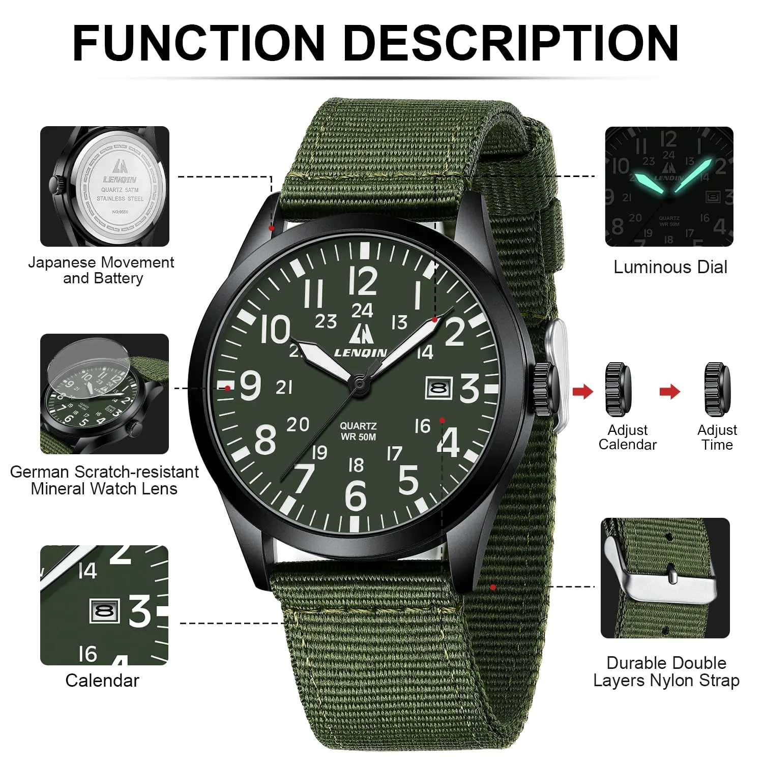 LN LENQIN Orologio Uomo Militare Analogico Quarzo Nylon Datario 3ATM - immagine 7