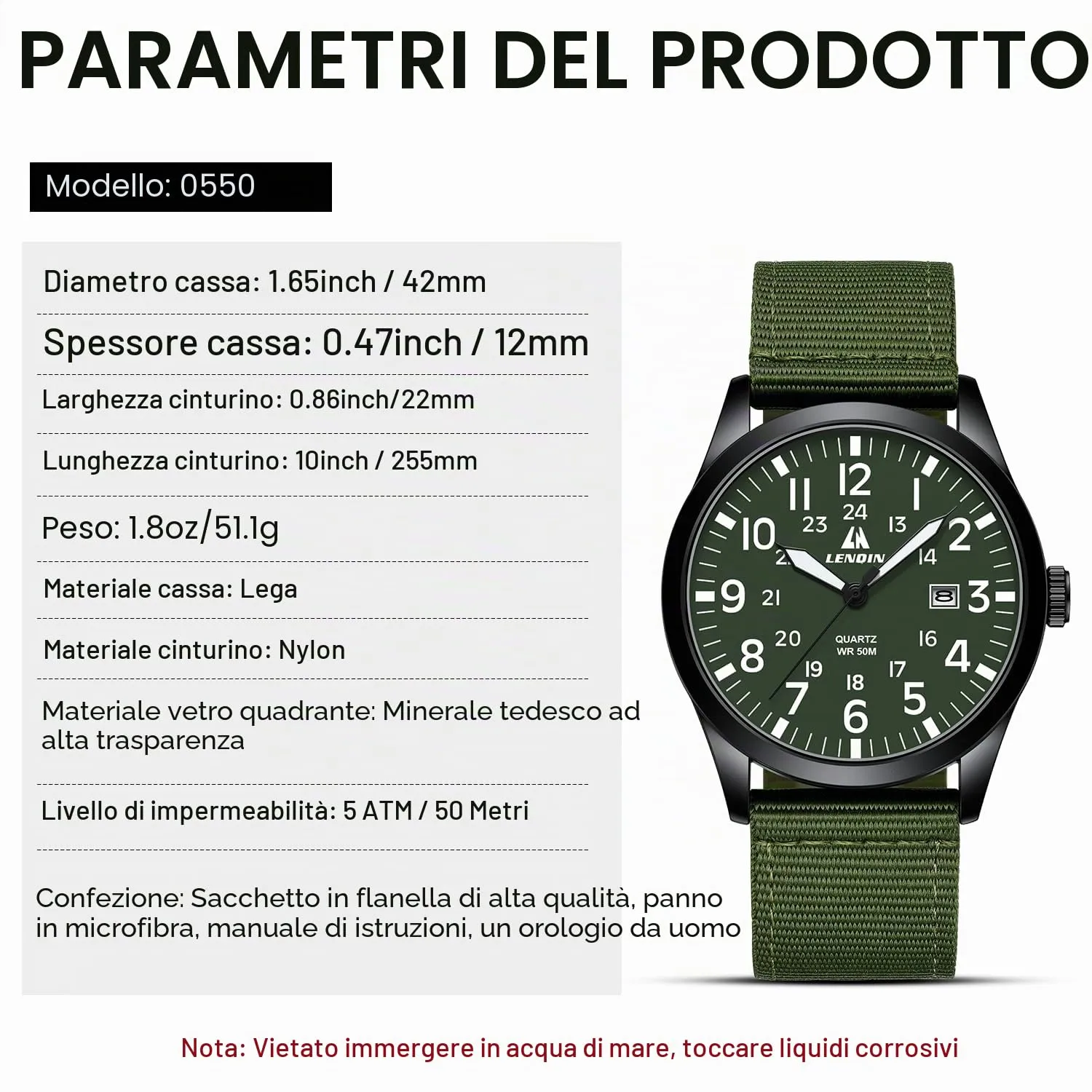 LN LENQIN Orologio Uomo Militare Analogico Quarzo Nylon Datario 3ATM - immagine 8