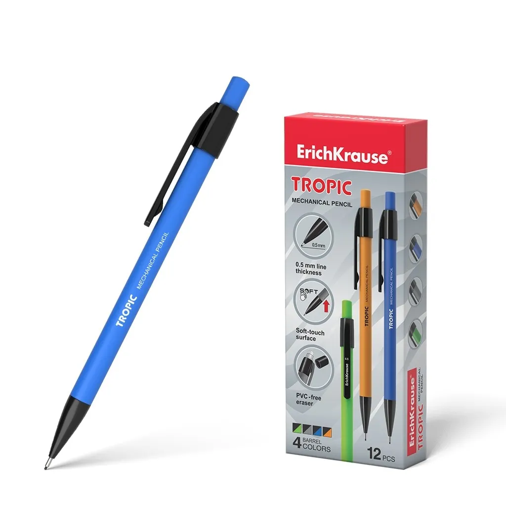 Portamine ErichKrause Tropic - Boccaglio retrattile e rivestimento morbido al tatto - Colori brillanti opachi - Con gomma e cappuccio - Comoda clip - Durezza HB - Mine da 05 mm - Colore nero - immagine 1