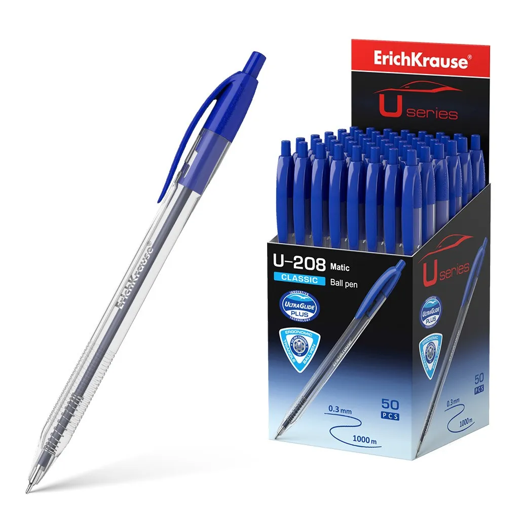 Penna automatica Erichkrause U-208 Classic Matic - Tecnologia Ultra Glide - Corpo trasparente con impugnatura - Colore blu - immagine 1