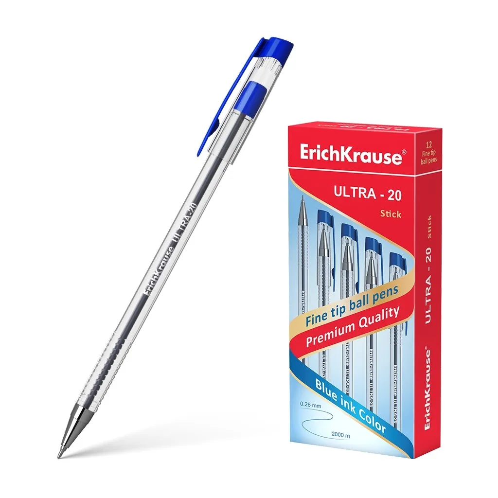 Penna a sfera Erichkrause Ultra-20 - Punta in metallo ad ago - Corpo rotondo trasparente con impugnatura - Inchiostro a bassa viscosità - Colore blu - immagine 1