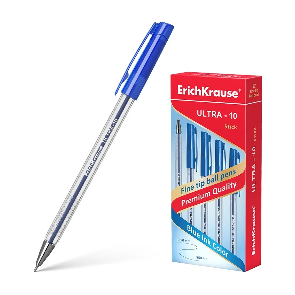 Penna a sfera Erichkrause Ultra-10 - Punta in metallo ad ago - Corpo esagonale trasparente - Inchiostro a bassa viscosità - Colore blu - immagine 1