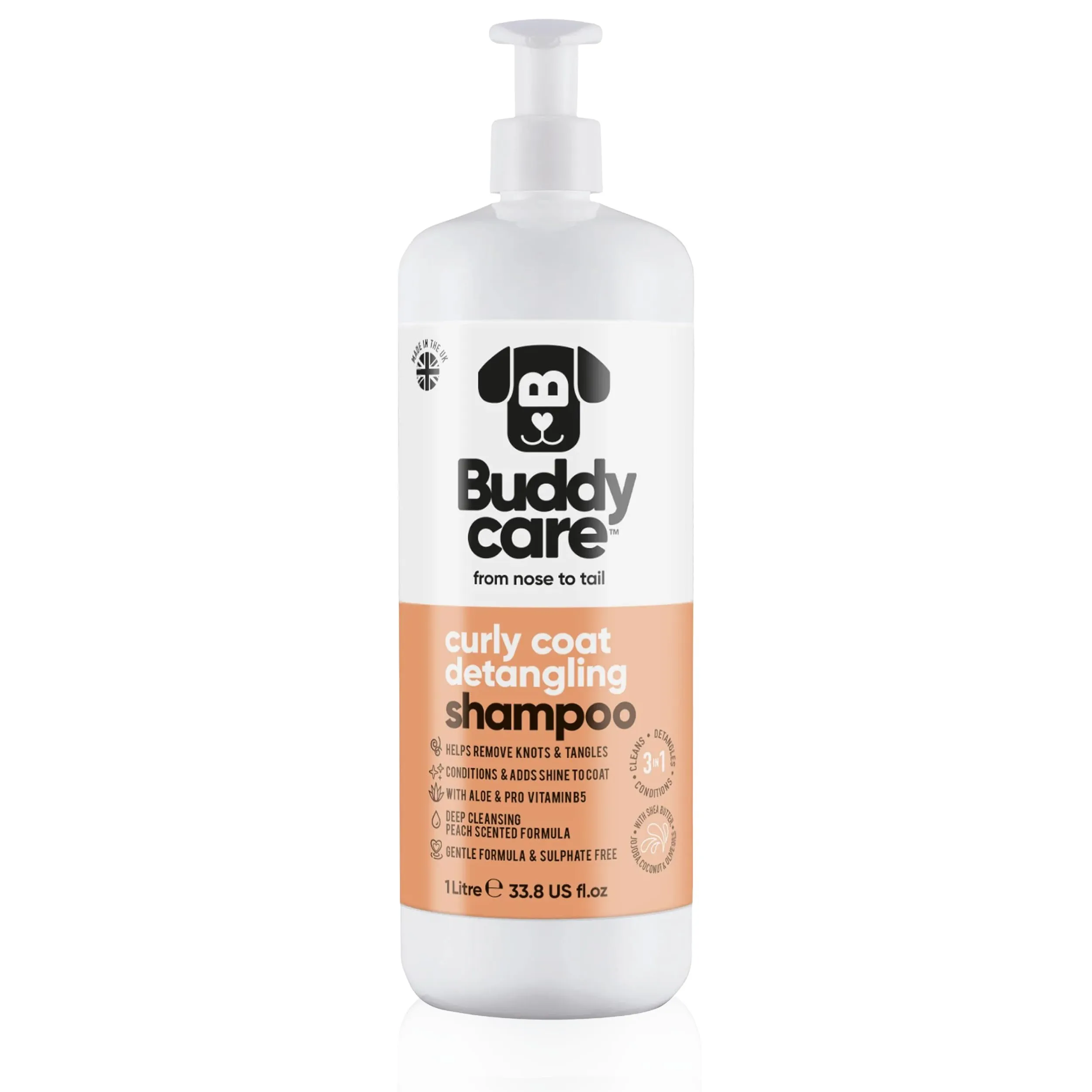 Shampoo Districante per Cani a Pelo Riccio di Buddycare | Shampoo Detergente Profondo per Cani | Profumo di Pesca | Con Aloe Vera e Pro Vitamina B5 (1L) - immagine 1
