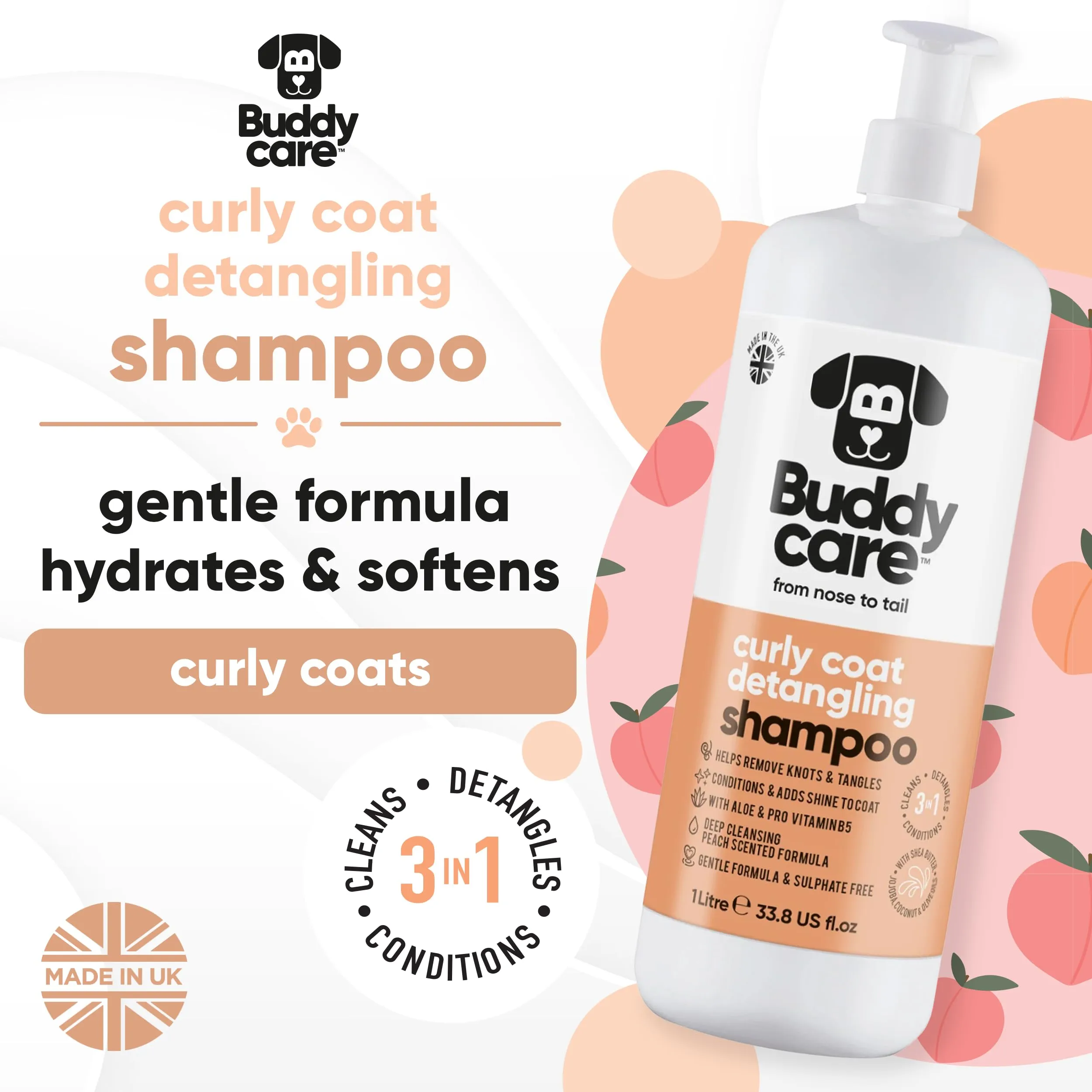 Shampoo Districante per Cani a Pelo Riccio di Buddycare | Shampoo Detergente Profondo per Cani | Profumo di Pesca | Con Aloe Vera e Pro Vitamina B5 (1L) - immagine 2