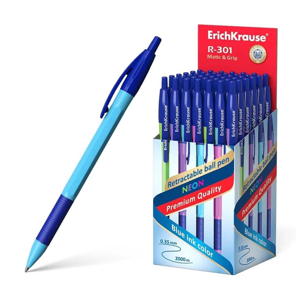 Penna automatica Erichkrause R-301 Neon Matic&Grip 0.7 - Corpo esagonale neon - Punta 07 mm - Inchiostro ad asciugatura rapida - Colore blu - immagine 1